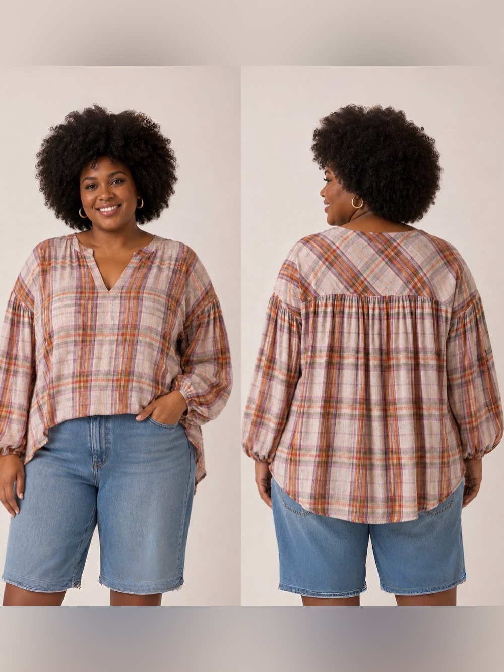 We The Free Plaid Peasant Tunic - Pink, Orange & Cream